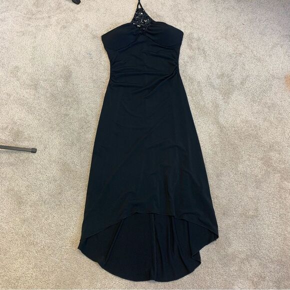 Black sequin halter top stretchy flowy evening cocktail dress Sz XS - Picture 8 of 14